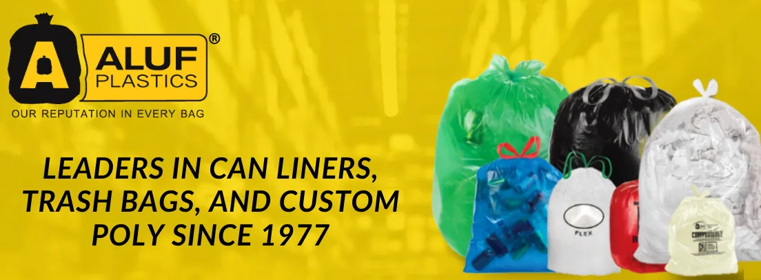 Assorted Aluf Plastics trash bags and can liners in green, black, white, blue, and red for commercial food service and wholesale distribution.