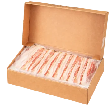 Individually wrapped bacon strips neatly organized in a wholesale cardboard box for commercial food service and distribution.