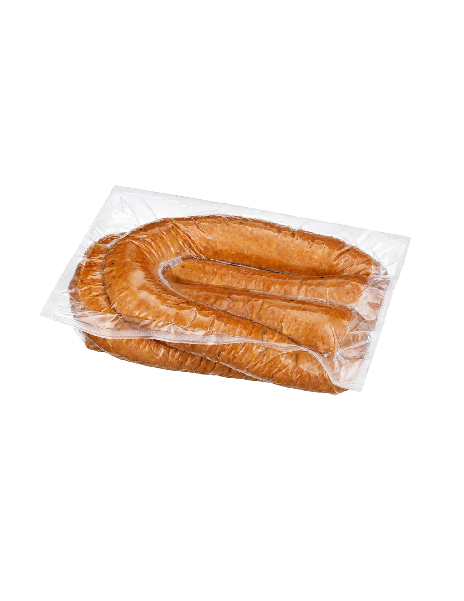 Multiple smoked sausage links packaged in clear plastic film, ideal for wholesale food distribution and foodservice suppliers.