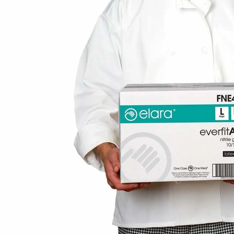 Professional chef presenting Elara Everfit nitrile gloves for safe food preparation.