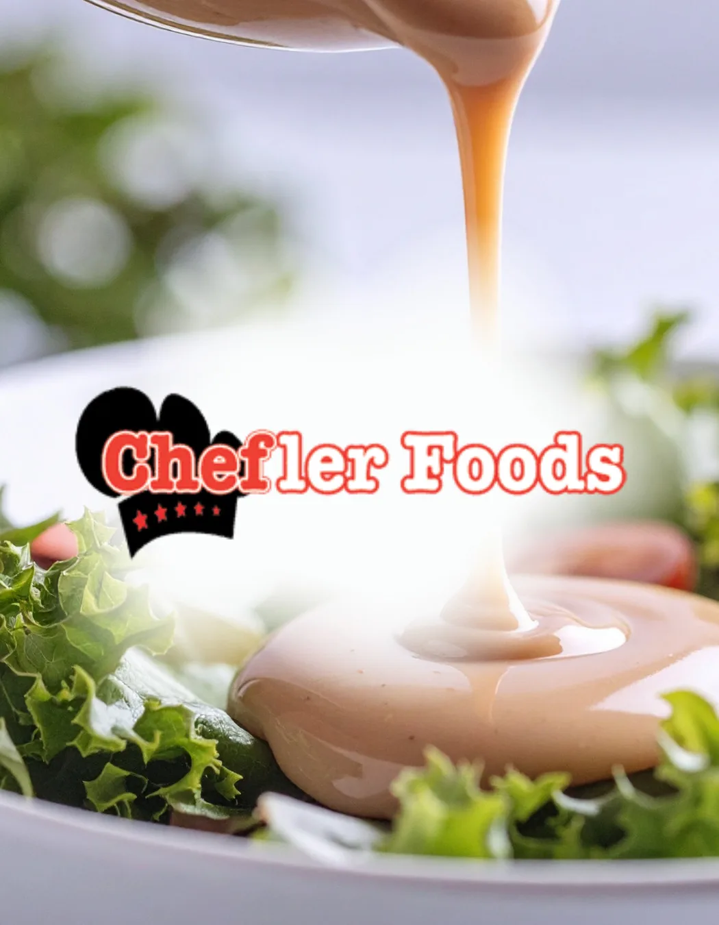 Creamy salad dressing pouring over fresh greens by Chefler Foods.