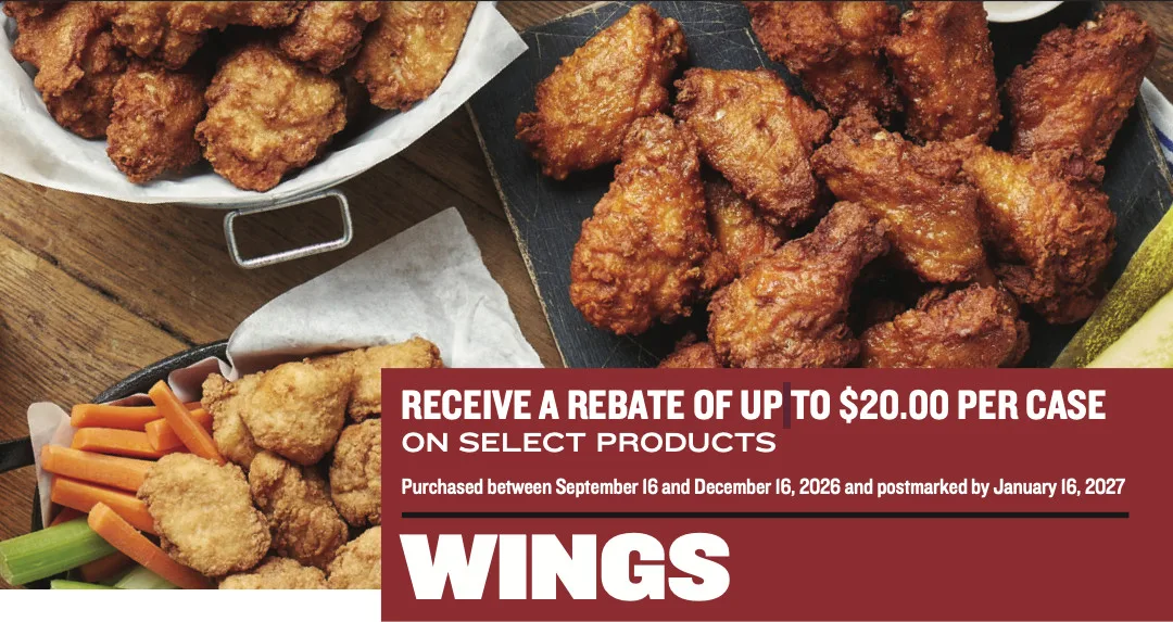 Golden fried chicken wings with rebate offer up to $20 per case for wholesale food distributors and suppliers.