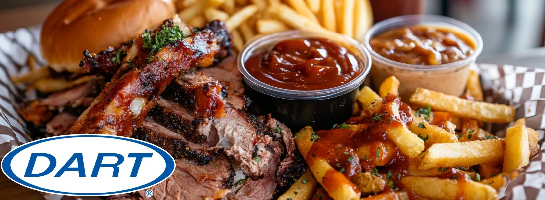 Sliced BBQ brisket with charred exterior, golden fries, and barbecue sauce cups for foodservice and wholesale food distribution.