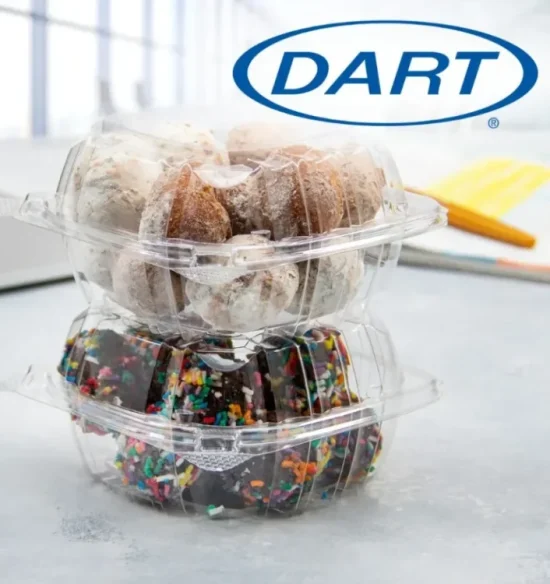 Stacked Dart clear hinged containers holding baked goods and colorful frosted cupcakes, ideal for wholesale food distribution and bakery packaging.