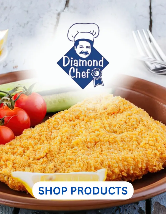 Golden-brown breaded chicken cutlet from Diamond Chef, a premium foodservice supplier offering wholesale poultry products for commercial kitchens and food distributors.