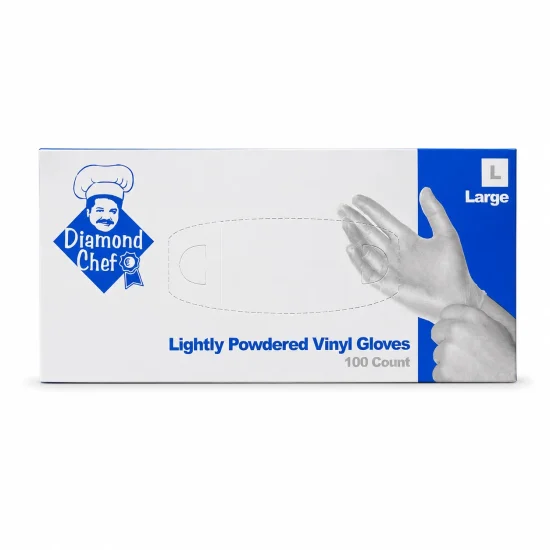 Diamond Chef brand lightly powdered vinyl gloves in large size, 100-count box designed for food service and commercial kitchen use.