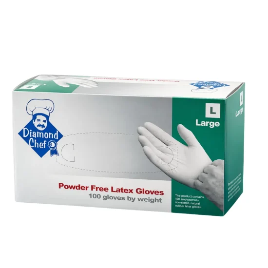Diamond Chef powder-free latex gloves in large size, 100 gloves by weight, ideal for food service and commercial kitchen operations.