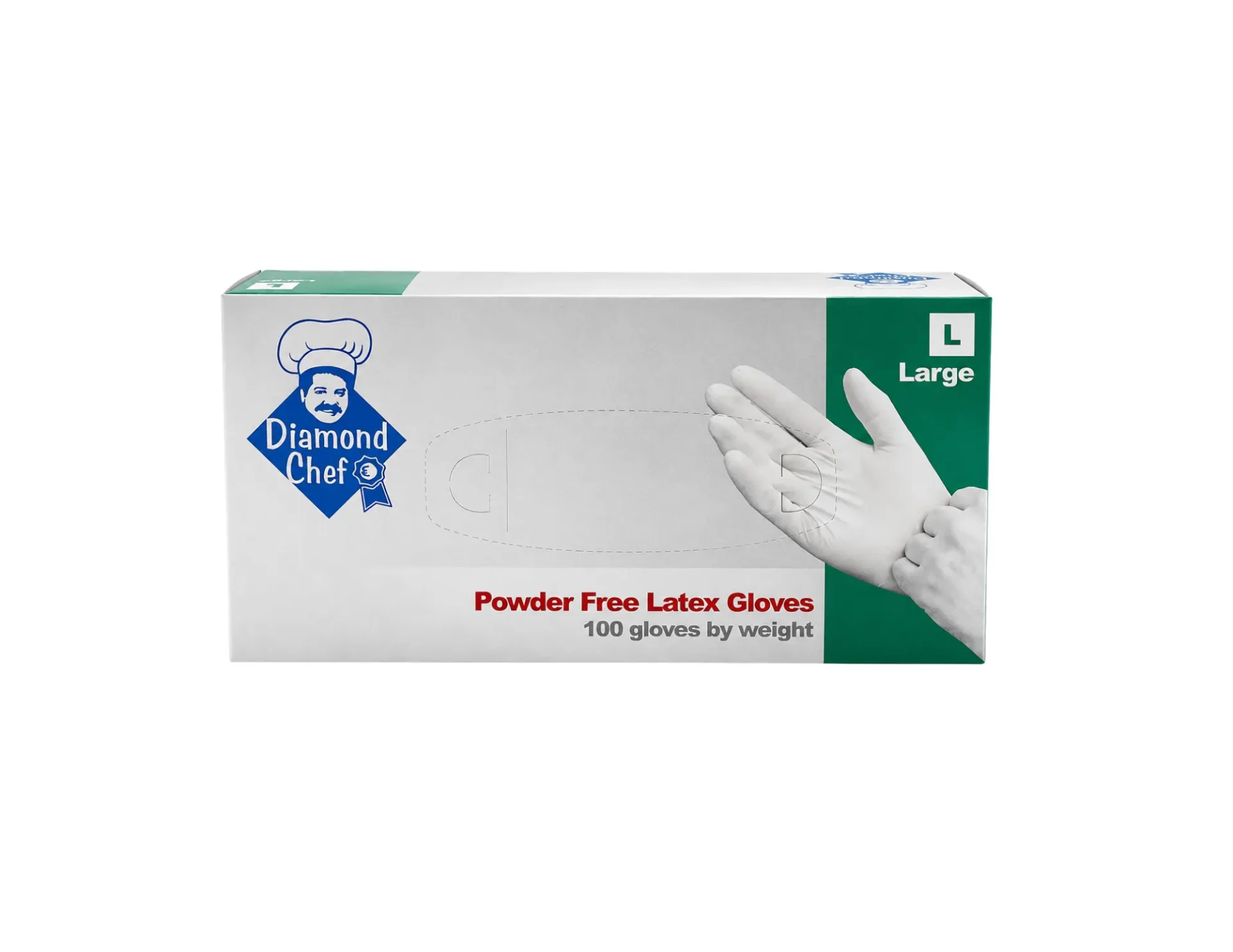 Diamond Chef brand powder-free latex gloves in large size, box of 100 gloves by weight for food service and commercial kitchens.