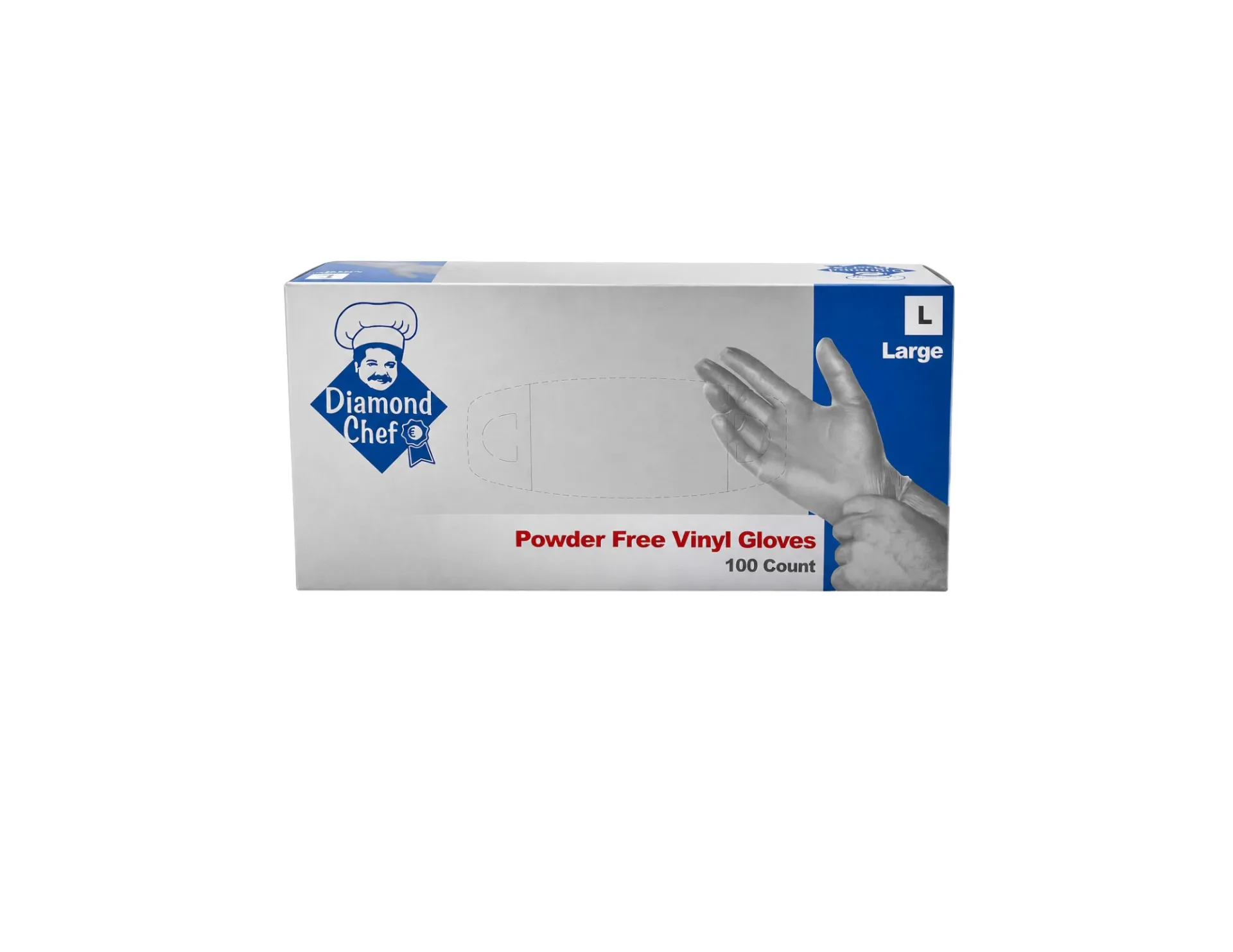 Diamond Chef brand powder-free vinyl gloves in large size, 100-count box for food service and commercial kitchen use.
