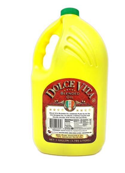 Vibrant Dolce Vita cooking oil jug, ideal for sautéing and baking, one gallon size.