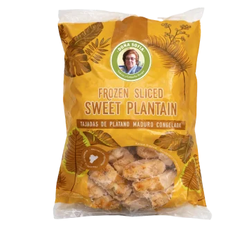 Frozen sliced sweet plantain (tajadas de plátano maduro congelado) by Doña Sofia, ideal for foodservice and wholesale food distribution.