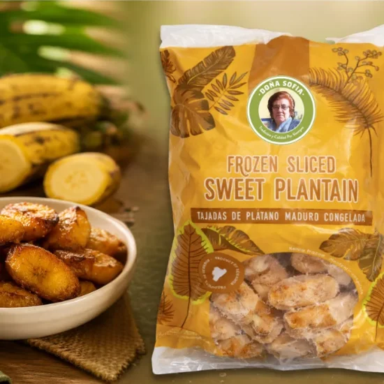 Dona Sorin frozen sliced sweet plantain package with prepared fried plantain slices in bowl, ready for foodservice wholesale distribution.
