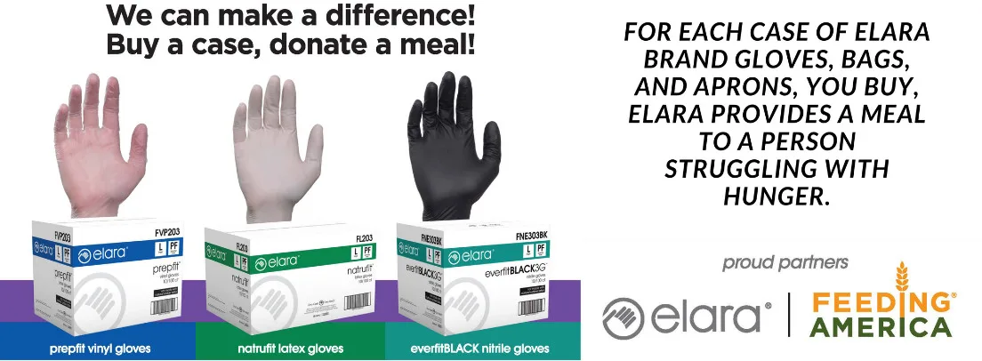 Elara brand vinyl, latex, and nitrile gloves with Feeding America partnership promoting meal donations for food industry wholesale suppliers.
