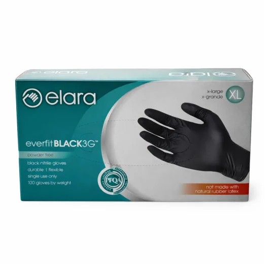 Elara Everfit BLACK3G powder-free black nitrile gloves in XL size, latex-free disposable gloves for foodservice and food handling applications.