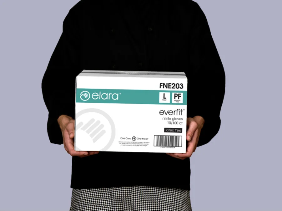 Elara Everfit nitrile gloves box (FNE203, size L) for food service, featuring powder-free protection for commercial food handling.