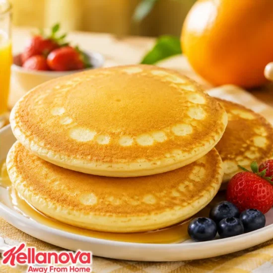Stack of golden pancakes with fresh strawberries, blueberries, and oranges on a plate for foodservice breakfast offerings.