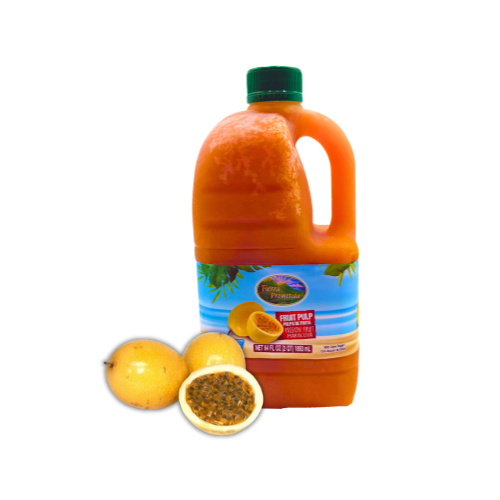 Vibrant orange fruit pulp jug with fresh passion fruits, perfect for smoothies and tropical drinks.