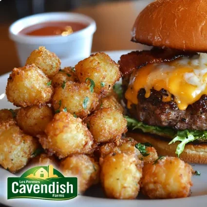 Cavendish Farms gourmet cheeseburger with crispy golden tater tots and sauce, ideal for foodservice distribution.