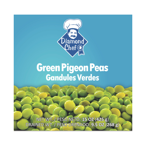 Diamond Chef Green Pigeon Peas package with vibrant design and bilingual labeling for diverse audiences.