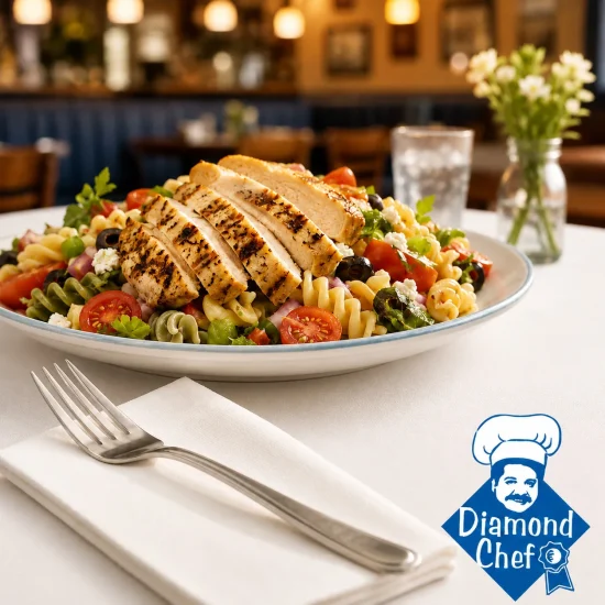 Sliced grilled chicken breast served over colorful pasta salad with fresh vegetables in upscale restaurant setting.