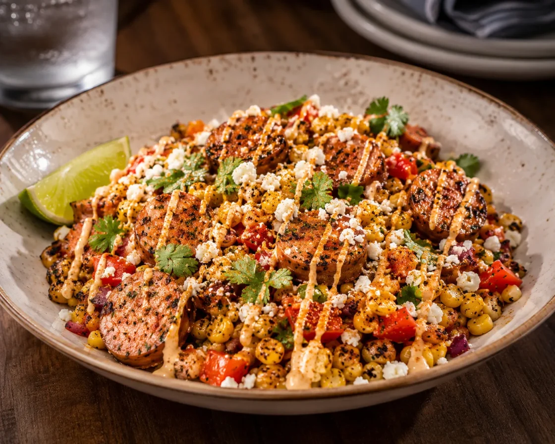 Sliced grilled duck breast served with charred corn, red peppers, crumbled cotija cheese, cilantro, and lime for upscale food service.