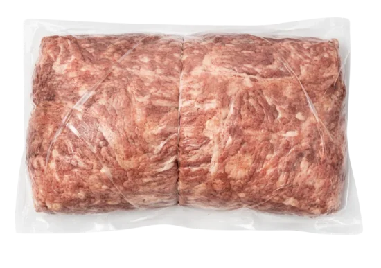 Two individually wrapped ground beef patties in clear packaging, ideal for commercial food service, restaurants, and wholesale food distribution.