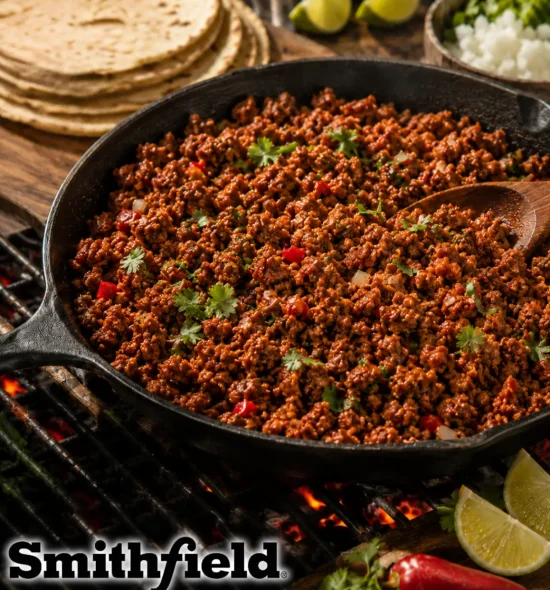 Cooked ground beef with spices and fresh cilantro in cast iron skillet, ideal for wholesale foodservice suppliers and commercial food manufacturers.
