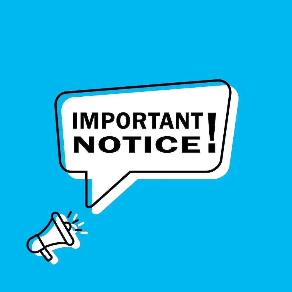 Urgent important notice in speech bubble with megaphone graphic on blue background.