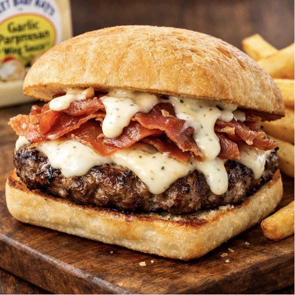 Mouth-watering burger with crispy bacon, creamy sauce, and golden fries on a rustic board.