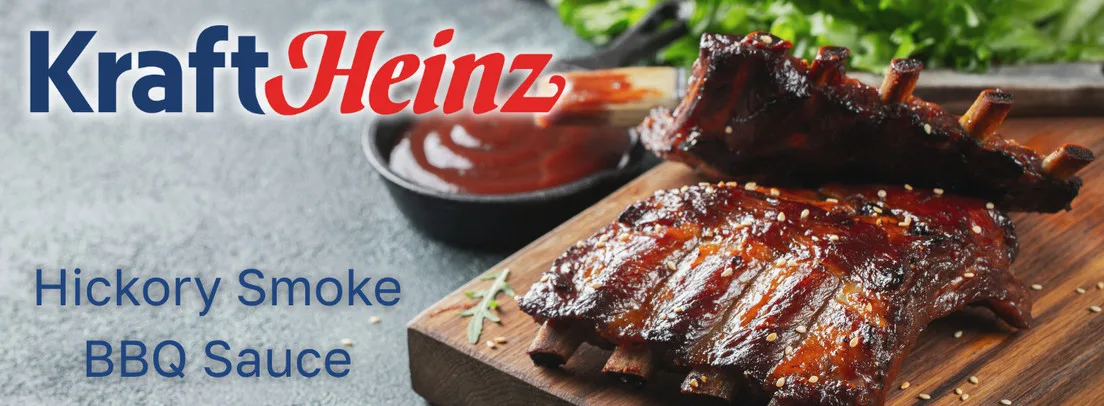 Glazed BBQ ribs with Kraft Heinz Hickory Smoke sauce in commercial foodservice presentation for wholesale food distribution.