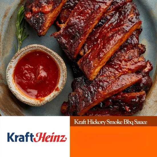 Perfectly glazed smoked ribs coated in Kraft Hickory Smoke BBQ sauce with serving bowl, ideal for foodservice and wholesale food distribution.