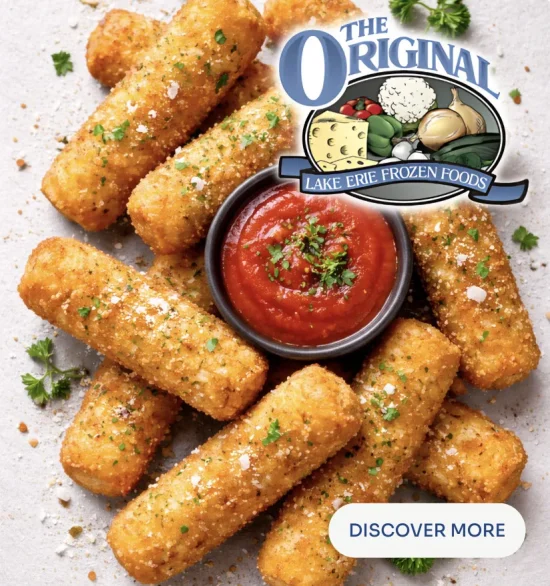 Golden-fried mozzarella cheese sticks from Lake Erie Frozen Foods served with marinara dipping sauce, ideal for foodservice and wholesale distribution.