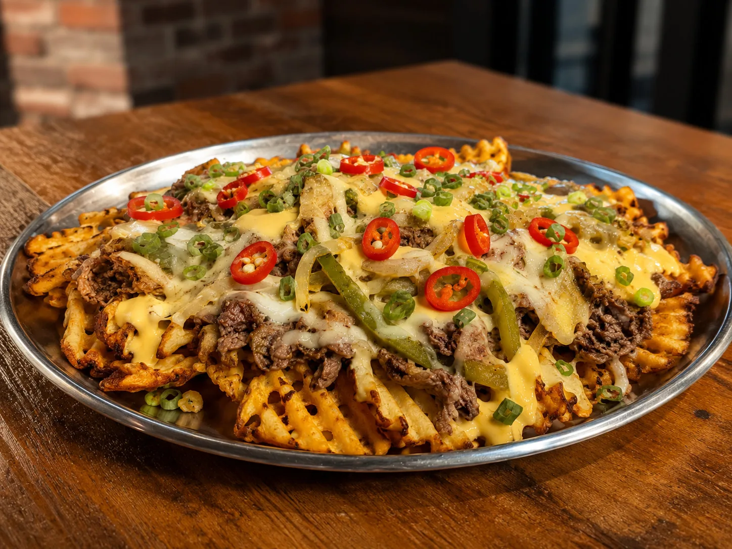 Golden crispy fries topped with melted cheese, seasoned ground beef, green onions, and fresh red peppers for foodservice.