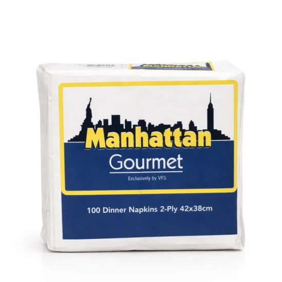 Manhattan Gourmet brand dinner napkins pack containing 100 white 2-ply napkins sized 42x38cm for commercial foodservice and wholesale distribution.