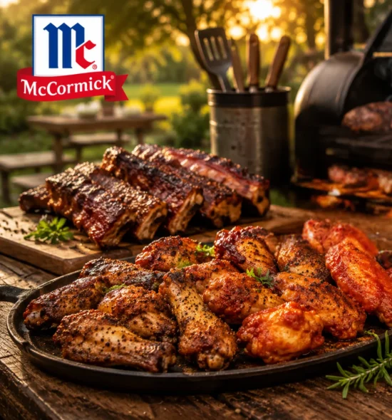 Professionally seasoned grilled chicken, ribs, and meat on cast iron cookware with McCormick spices for commercial foodservice and wholesale distribution.