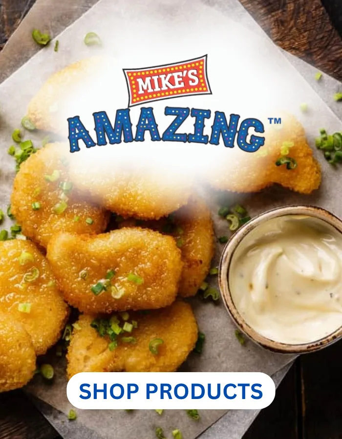 Mike's Amazing branded breaded appetizer balls garnished with green onions, displayed with creamy dipping sauce for wholesale food service distribution.