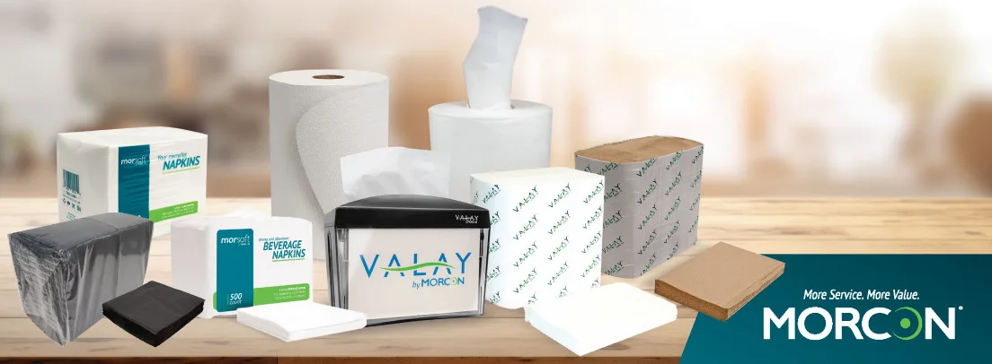 Morcon foodservice supplies including napkins, paper towels, and beverage napkins for wholesale distribution and food industry suppliers.