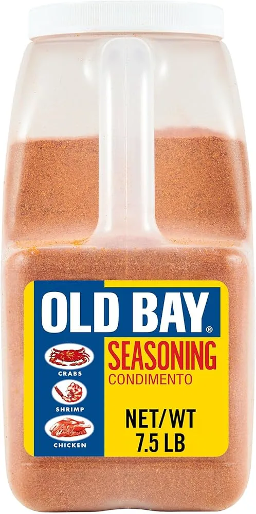 Old Bay Seasoning 7.5 lb bulk container for commercial foodservice, featuring iconic crab, shrimp, and chicken icons on packaging.