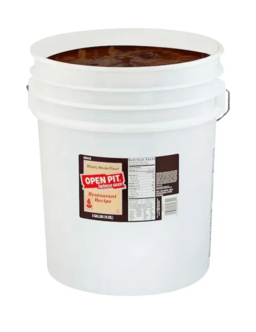Open Pit hickory smoke flavor barbecue sauce in a 5-gallon commercial bucket, restaurant recipe for wholesale food distribution and foodservice suppliers.