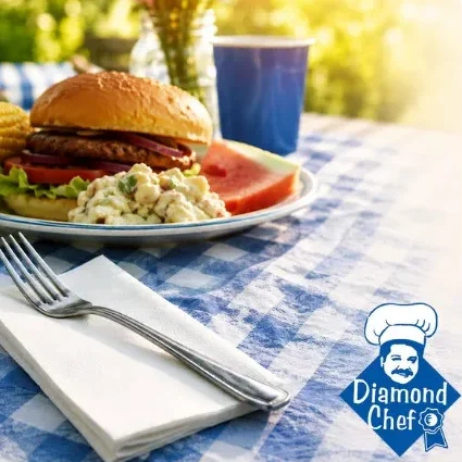 Outdoor picnic table with burger, corn, coleslaw, and watermelon, ideal for food service catering and wholesale distribution planning.