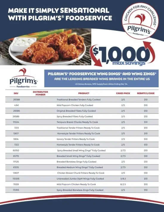 Promotional flyer for Pilgrims Foodservice chicken products, featuring Wing Dings® and Wing Zings®.