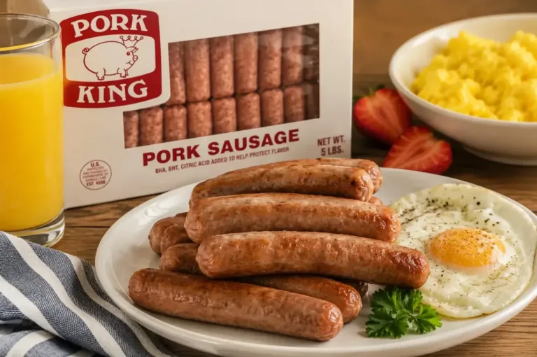 Pork King brand pork sausages served on a plate with eggs and sides, showcasing wholesale food product packaging and presentation.