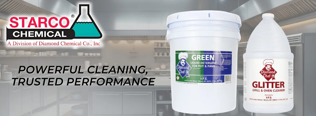 Starco Chemical commercial-grade kitchen cleaners including Green liquid detergent and Glitter grill oven cleaner for foodservice operations.