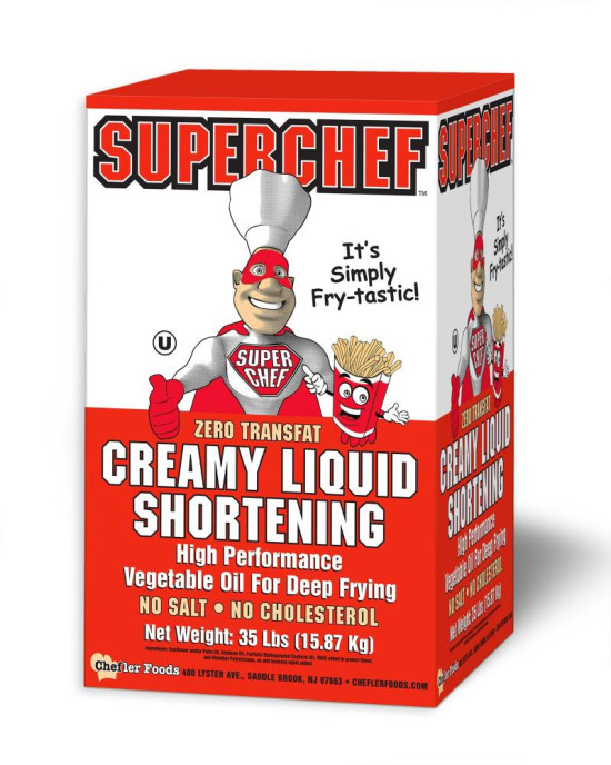 Brightly colored Super Chef shortening box, featuring zero transfats, ideal for deep frying.
