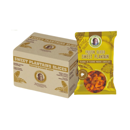 Sweet plantain slices in eco-friendly packaging for convenient, ready-to-cook meals.
