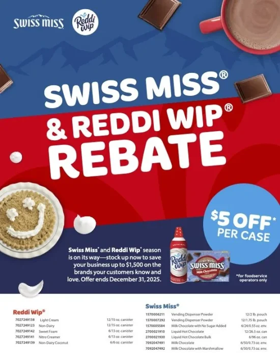 Swiss Miss and Reddi Wip rebate program for holiday beverages and toppings savings.