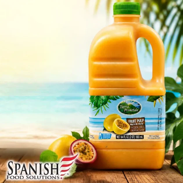 Tierra Promedia passion fruit pulp in bulk bottle for food service, featuring fresh fruit on beach backdrop with tropical setting.