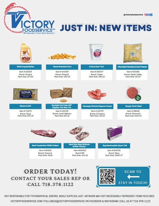 New wholesale food items flyer from Victory Foodservice featuring dairy, meat, and vegetable products.