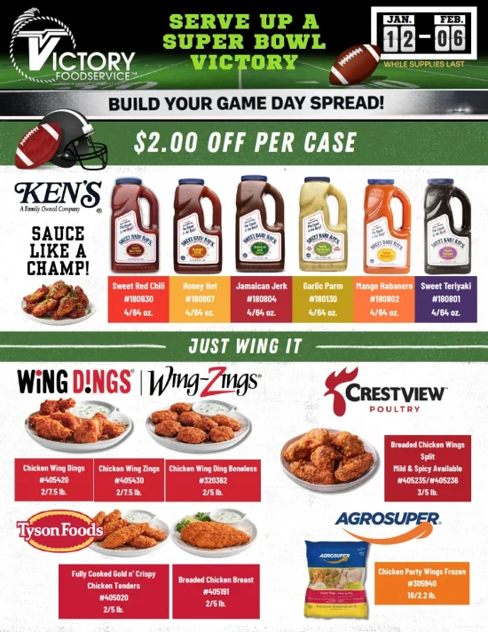 Super Bowl food deals from Victory Foodservice featuring sauces and chicken wing promotions.