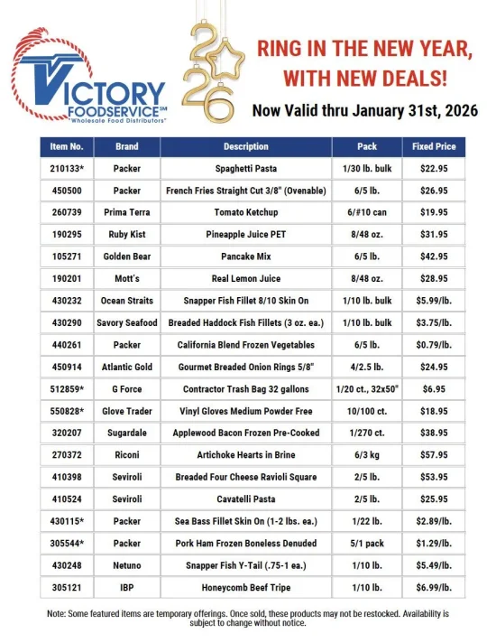 New Year deals flyer from Victory Foodservice with food product offers, valid through January 2026.